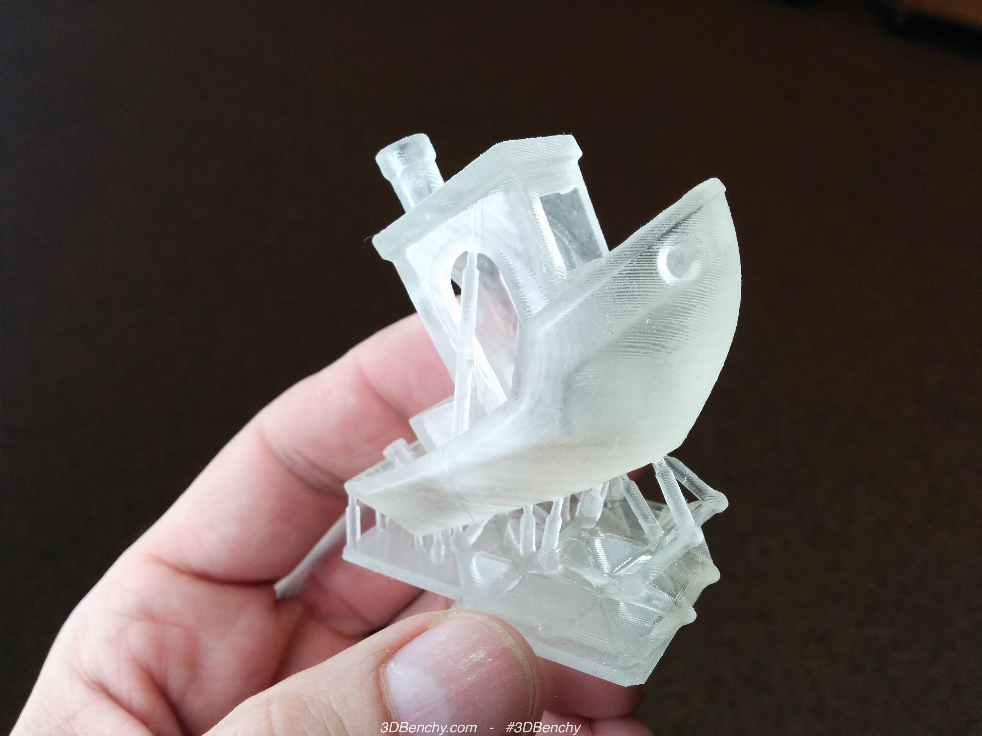 A completed 3D print of a test print from 3dbenchy.com