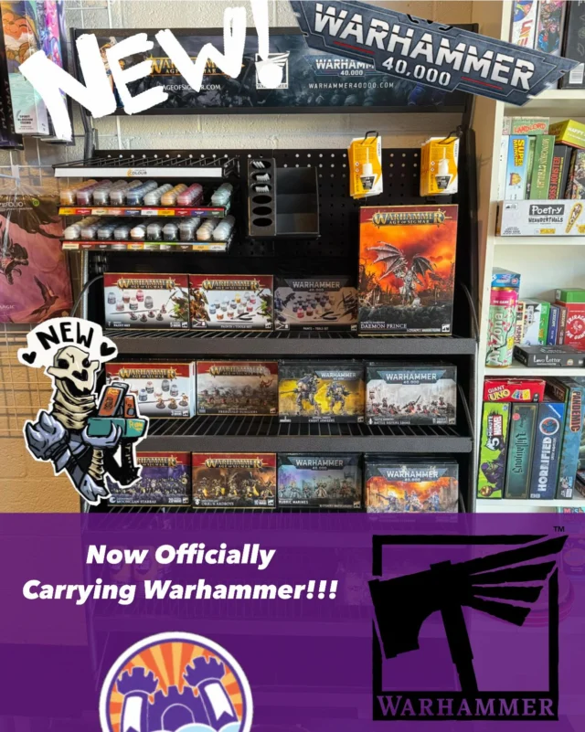 We are super excited to announce that we are now a Warhammer Stockist store and are carrying Warhammer 40K and Age of Sigmar Products as well as Citadel Paints!

Stop by the Castle to see our new products, or ask about our special orders!

#castleintheskygames #theplacetoplay #alpinetx #friendlylocalgamestore #gamesandmore #supportyourlgs #warhammercommunity #warhammerpainting #minipainting #theplacetopaint