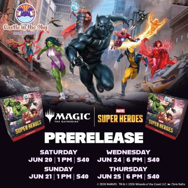 🌟 Today begins the first event of our Prerelease Series! 🌟

Join us at the Castle for the launch of the new Marvel Super Heroes set for Magic: The Gathering!

Which cards are you looking for?

#castleintheskygames #theplacetoplay #alpinetx #friendlylocalgamestore #MagicTheGathering #mtgcommunity #prerelease #marvel #super #marvelsuperheroes
