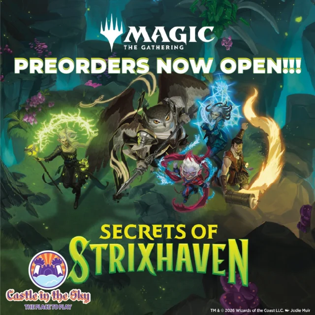 📢 Preorders for Secrets of Strixhaven are now open!!!

⚔️ Our Prerelease Events Schedule will be:
 - April 18th & 19th | 1PM | 12 seats available (each day)
 - April 22nd & 23rd | 6PM | 12 seats available (each day)

$30 per person

Choose your School and join us to uncover the Secrets of this new Magic Set!

#castleintheskygames #theplacetoplay #alpinetx #friendlylocalgamestore #secretsofstrixhaven