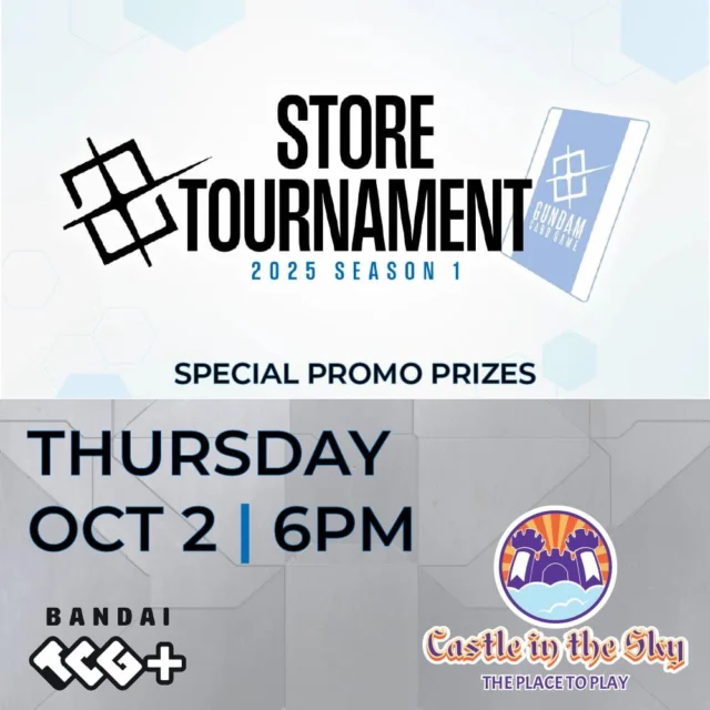 We’ve got some fun things happening this Thursday here at the Castle!

🎴 Our first Gundam Card Game tournament!
Bring your best deck and throw down to determine the best Ace Pilot!

🍿And we’ll be hosting a Critical Role Campaign 4 Watch Party! Join us to kick off the new campaign with Pizza and Drinks provided!

We hope to see y’all!

#castleintheskygames #theplacetoplay #alpinetx #friendlylocalgamestore #GundamCardGame #bandaitcg #criticalrole #criticalrolecampaign4 #cardtournament #watchparty