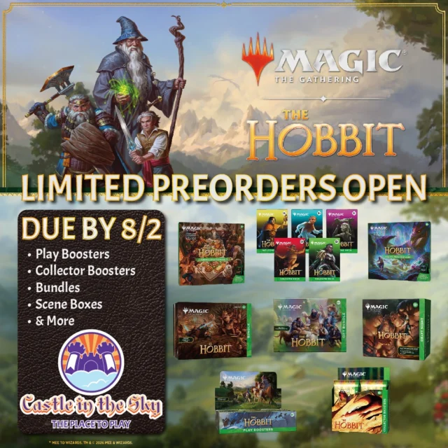 📢 Preorders are NOW OPEN for The Hobbit!!! 📢

We've got:
Play Boosters, Collector Boosters, Bundles, Gift Bundles, Scene Boxes, Draft Night

Preorders are limited, and payments will be due on Sunday, August 2nd. 

 #castleinthesky #theplacetoplay #alpinetx #friendlylocalgamestore #MagicTheGathering #mtgcommunity
