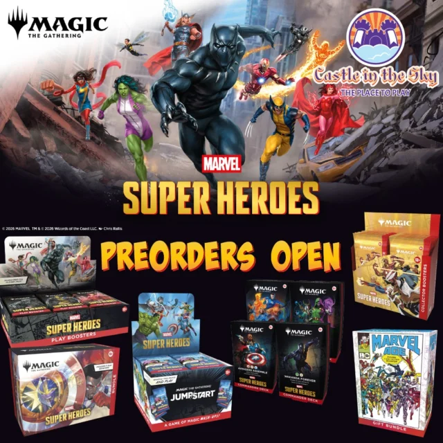 📢 Preorders are NOW OPEN for Marvel Super Heroes!!! 📢

We've got:
Play Boosters, Collector Boosters, Commander Decks, Bundles, Gift Bundles, Scene Boxes, Jumpstart

Preorders are limit 1 of each item per customer, and payments will be due on Sunday, June 14th.